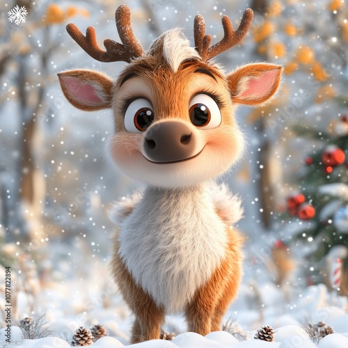 Cute Cartoon Reindeer in Winter Wonderland