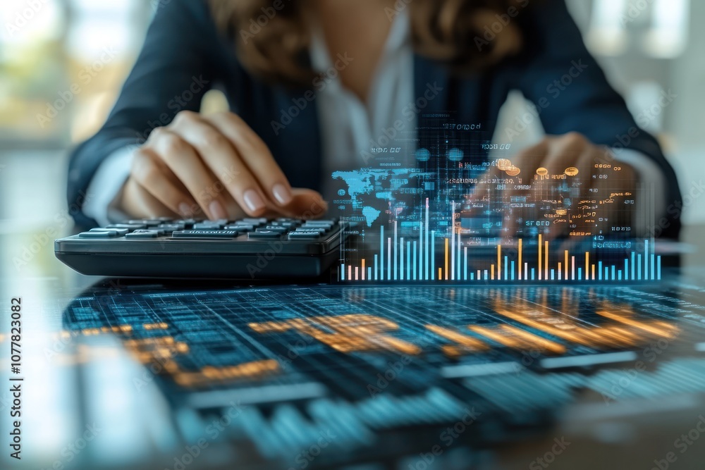 Fototapeta premium Woman Using Calculator with Holographic Financial Data Overlay