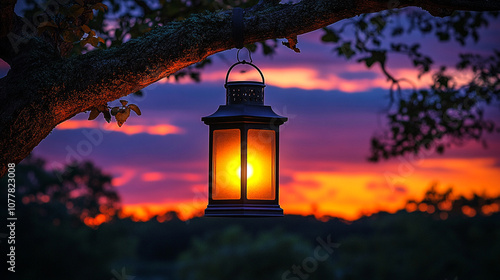 Lantern glowing softly at twilight, suspended on a tree branch against a stunning sunset backdrop.