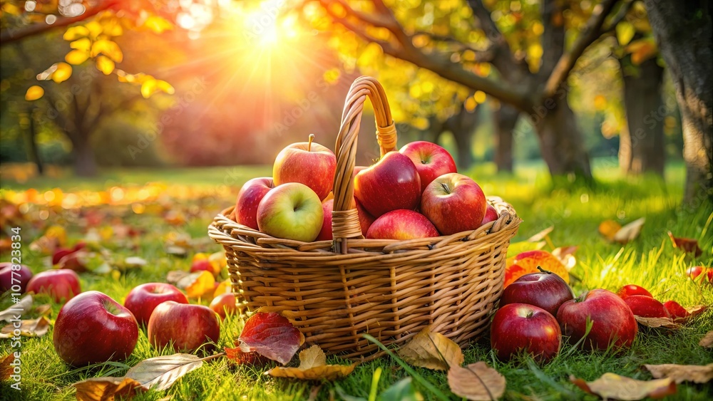 A Wicker Basket Overflowing With Ripe Apples Amidst a Canopy of Golden Autumn Leaves, Bathed in the Warm Glow of a Setting Sun A Wicker Basket Overflowing With Ripe Apples Amidst a Canopy of Golden Autumn Leaves, Bathed in the Warm Glow of a Setting Sun
