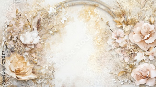 Fototapeta Naklejka Na Ścianę i Meble -  A handmade watercolor illustrated scrapbook kit page by Amanda Clark, an arch frame decorated with vintage flowers, 