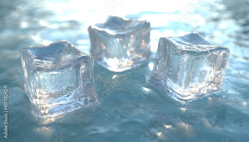 Three Clear Ice Cubes on a Blue Surface photo