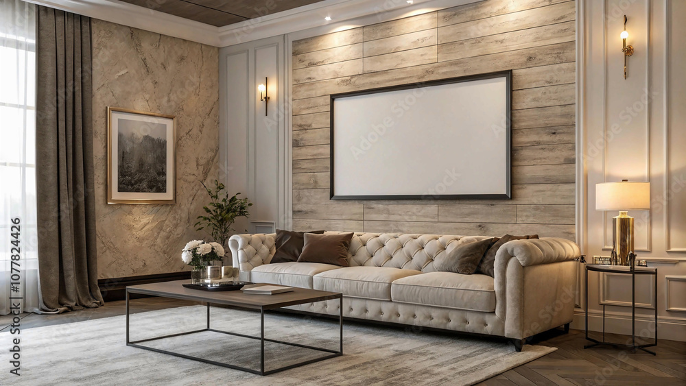 Contemporary Living Room with Blank Poster on Textured Wooden Wall and Elegant Minimalist Decor Contemporary Living Room with Blank Poster on Textured Wooden Wall and Elegant Minimalist Decor