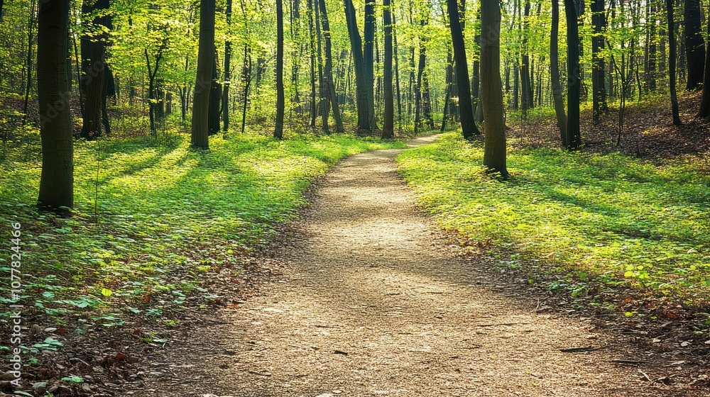 Fototapeta premium A serene forest path surrounded by lush greenery and sunlight filtering through trees.