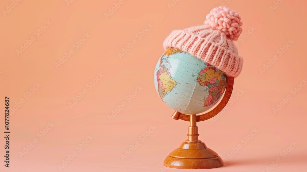 floating earth globe with winter hat, bright pastel peach background floating earth globe with winter hat, bright pastel peach background