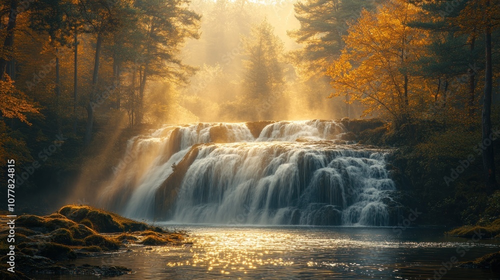 Serene waterfall surrounded by autumn foliage and soft sunlight. Serene waterfall surrounded by autumn foliage and soft sunlight.