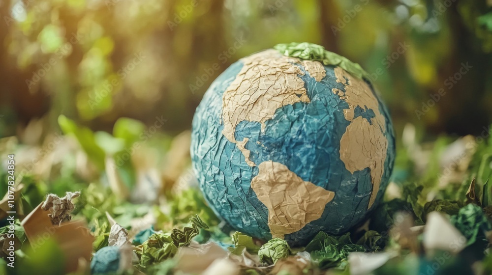 Paper Earth Globe Surrounded by Crumpled Paper on Green Grass Paper Earth Globe Surrounded by Crumpled Paper on Green Grass