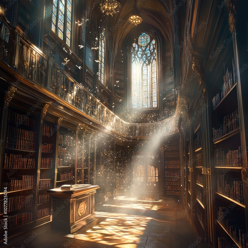 A quiet library filled with towering bookshelves, sunlight streaming through stained-glass windows, illuminating floating dust particles. A quiet library filled with towering bookshelves, sunlight streaming through stained-glass windows, illuminating floating dust particles.