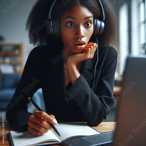 E learning Person with headphones learning on a laptop intrigued photo