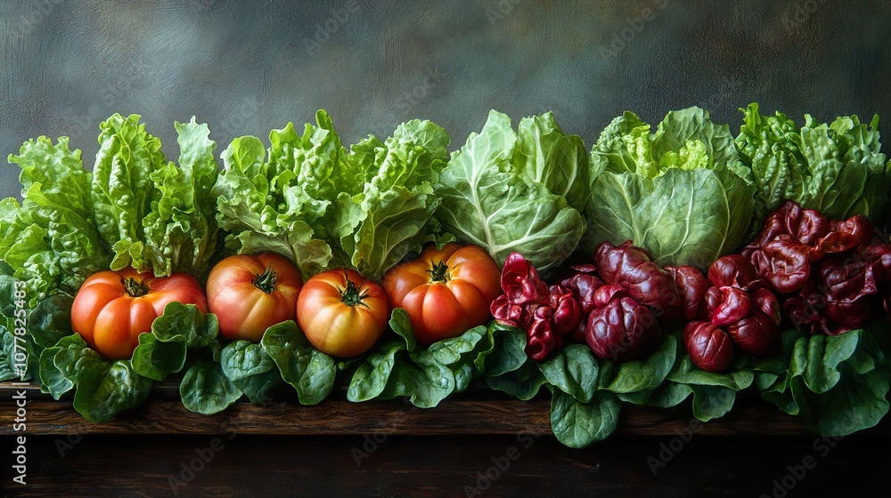Fresh Garden Bounty: Ripe Tomatoes, Green and Red Lettuce Still Life Fresh Garden Bounty: Ripe Tomatoes, Green and Red Lettuce Still Life