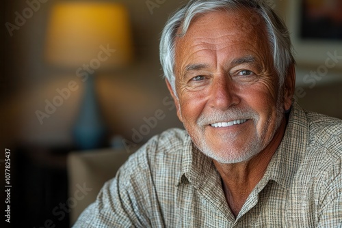 closeup portrait of a distinguished older man with a warm smile and fresh hairstyle showcasing clean teeth accentuated by a bright neutral background ideal for a dental advertisement