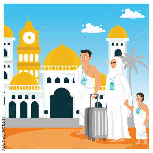 Muslim families wearing ihram clothes while carrying suitcases. Muslims perform the Hajj pilgrimage. Islamic Hajj Pilgrimage concept. Flat vector illustration.