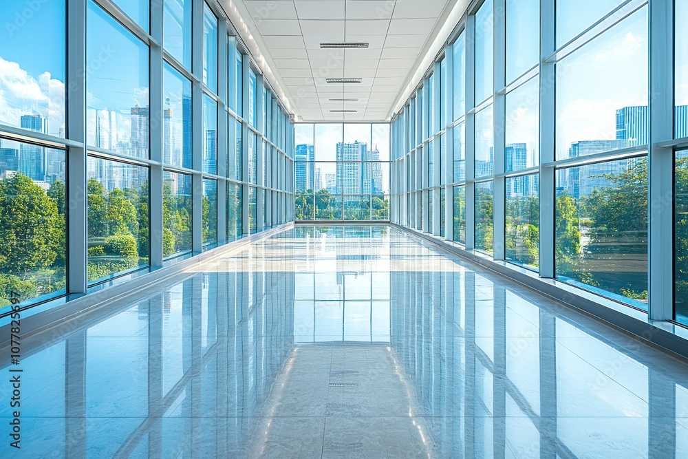 Modern Office Corridor with Glass Walls Reflecting Cityscape and Sky Modern Office Corridor with Glass Walls Reflecting Cityscape and Sky