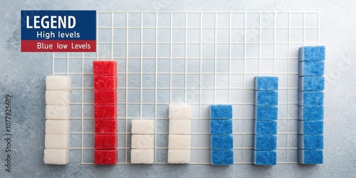 An image focusing on a legend explaining the various colors and symbols used in a sugar fluctuation graph such as red for high levels and blue for low levels.