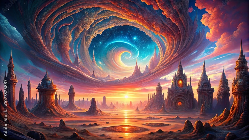 Obraz premium A celestial tapestry unfolds above a desolate yet breathtaking landscape, where ancient spires rise from the earth, their towers reaching towards a swirling vortex of color and light.
