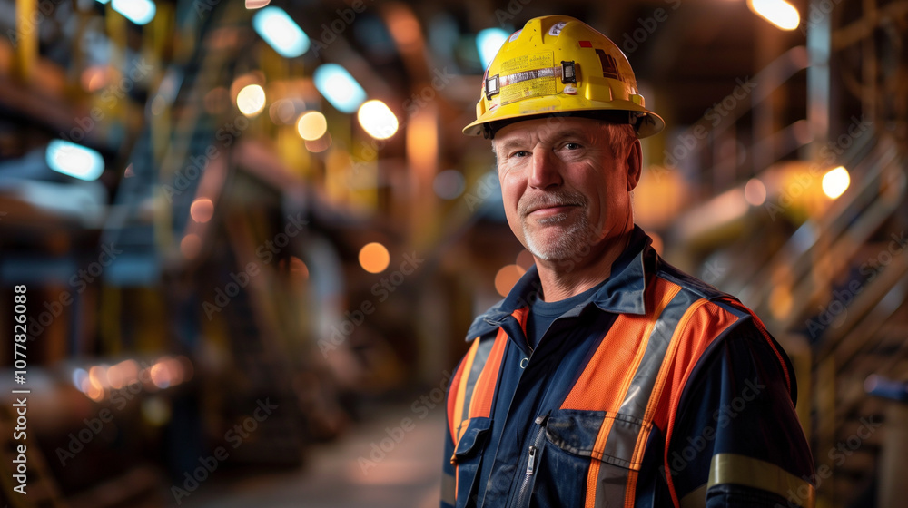 Experienced worker in safety gear smiling in an industrial manufacturing facility Experienced worker in safety gear smiling in an industrial manufacturing facility