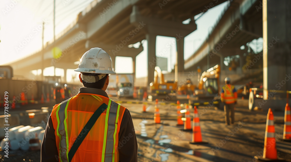 Construction Worker Overseeing Highway Overpass Project. Construction Worker Overseeing Highway Overpass Project.