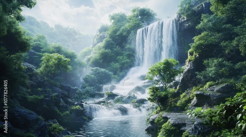 Waterfall in a Lush Green Forest