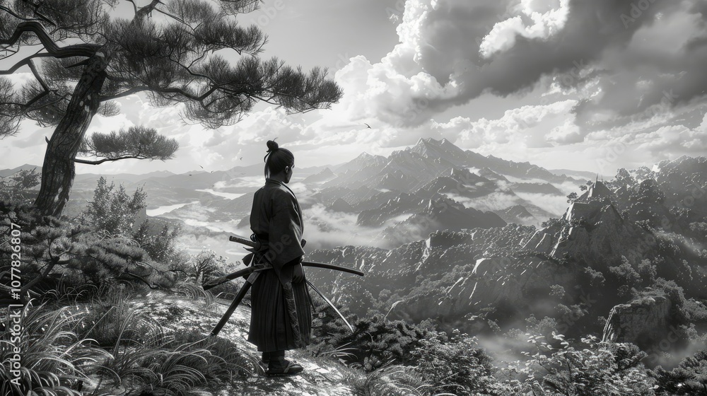 Ancient Japanese Samurai, Master, Dynamic lighting, Forest, Sky, Mountains in Background Ancient Japanese Samurai, Master, Dynamic lighting, Forest, Sky, Mountains in Background