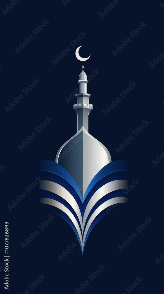 Silver Mosque with Crescent Moon and Blue Swirls Silver Mosque with Crescent Moon and Blue Swirls