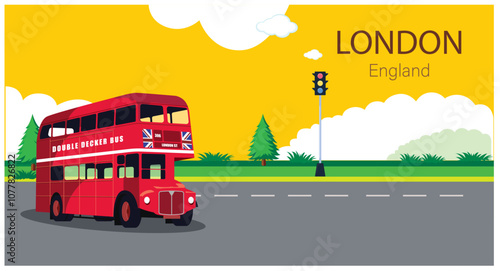 London double decker bus with city landscape background and silhouettes of vector illustration