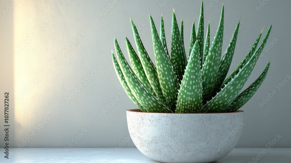 A vibrant aloe vera plant in a decorative pot on a table. A vibrant aloe vera plant in a decorative pot on a table.