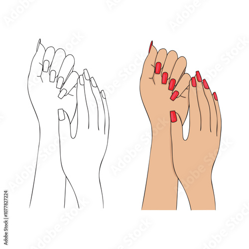 square nail design vector sketch coloring book. elegant female two hands vector outline