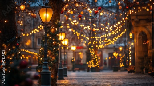 Festive Street Lights and Ornaments Adorn a Cobblestone Pathway