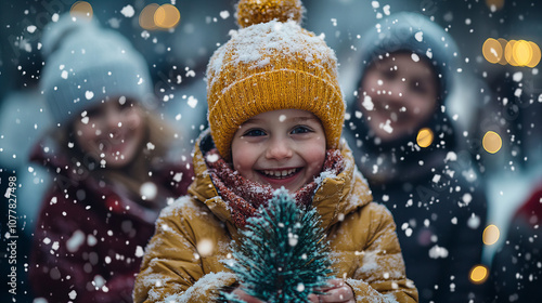 A joyful child holds a small Christmas tree while surrounded by friends in a snowy winter wonderland at dusk