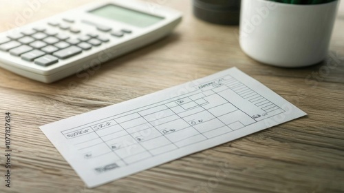 Blank check with calculator and bank statement, representing budgeting