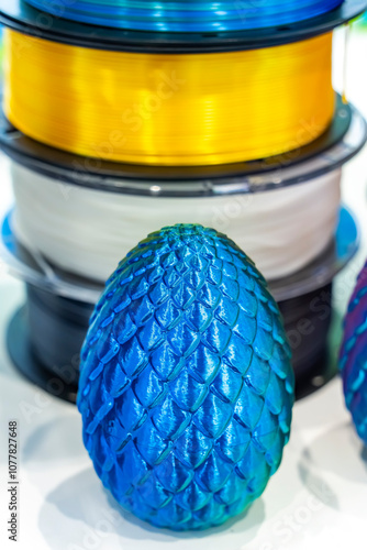 colorful plastic model of egg printed on a 3D printer photo