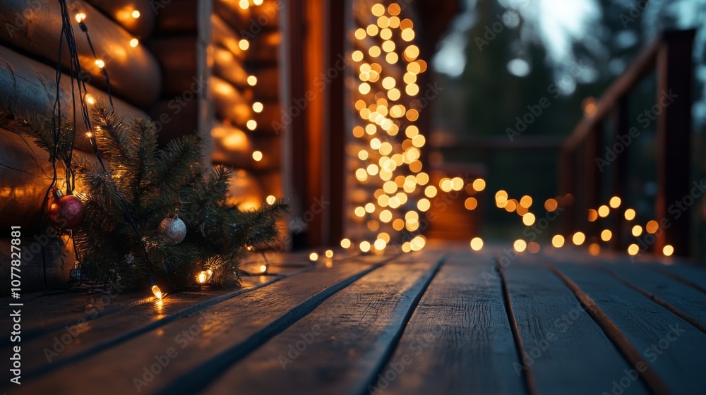 Christmas Lights and Decorations on a Wooden Deck Christmas Lights and Decorations on a Wooden Deck