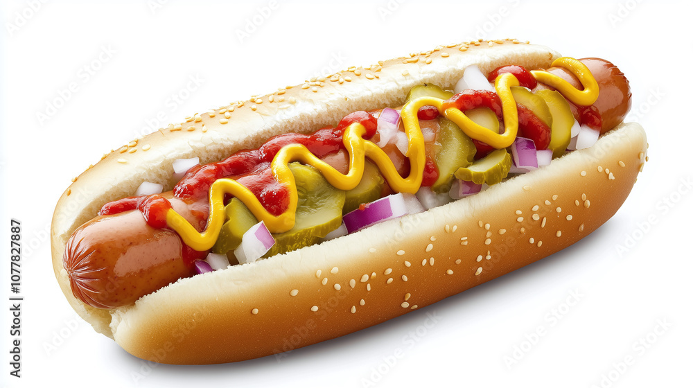 hot dog in a soft bun, topped with mustard, ketchup, onions, and pickles, white background hot dog in a soft bun, topped with mustard, ketchup, onions, and pickles, white background