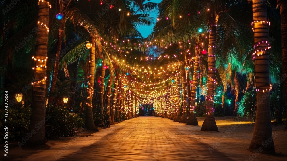 Fototapeta premium Festive Pathway through Palm Trees with Twinkling Lights