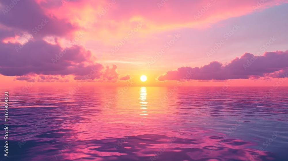 Obraz premium Pink and orange sunset over the ocean with clouds reflecting in the water.