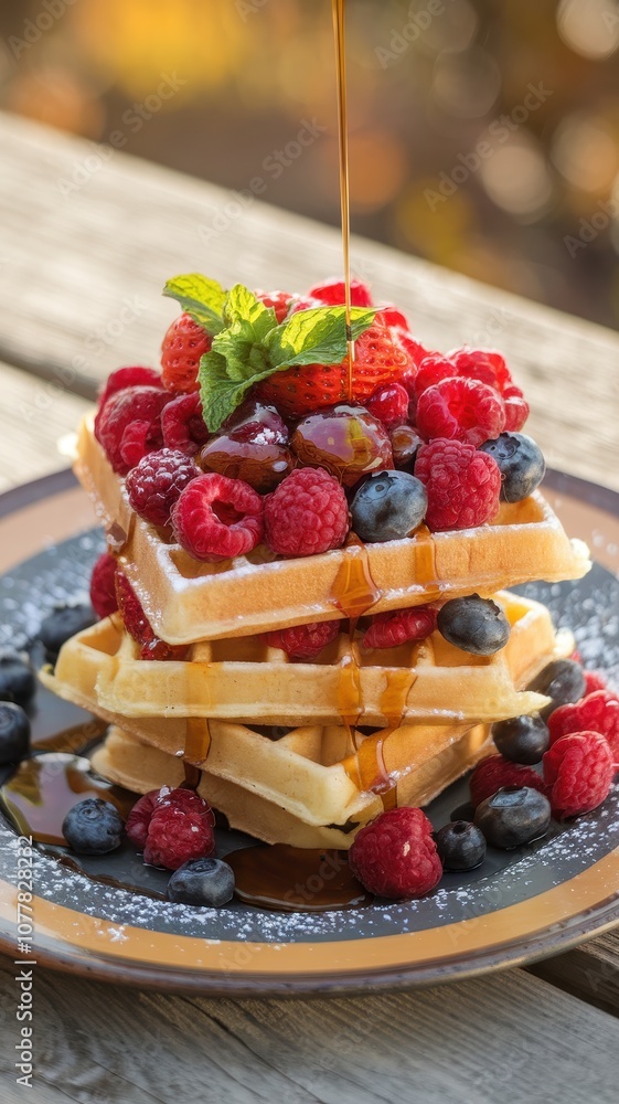 Stack of waffles with strawberries and blueberries on top Stack of waffles with strawberries and blueberries on top
