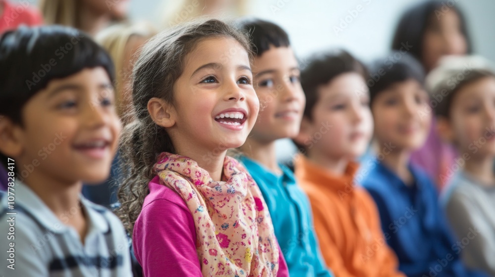 A young girl smiling and looking up while sitting in a row of kids A young girl smiling and looking up while sitting in a row of kids
