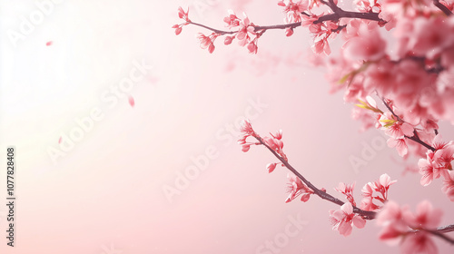 Sakura branches with flowers on a light pink background. Cherry flowers, petals. Spring flowers. Japan. Empty space, copyspace for your text. Tet, Lunar New Year or Chinese New Year card background. 