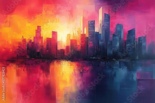 colorful abstract painting depicting a vibrant city alive with dynamic shapes and movement bursting with energy and creativity