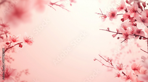 Sakura branches with flowers on a light pink background. Cherry flowers, petals. Spring flowers. Japan. Empty space, copyspace for your text. Tet, Lunar New Year or Chinese New Year card background. 