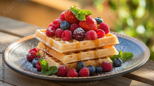 Stack of waffles with strawberries and blueberries on top