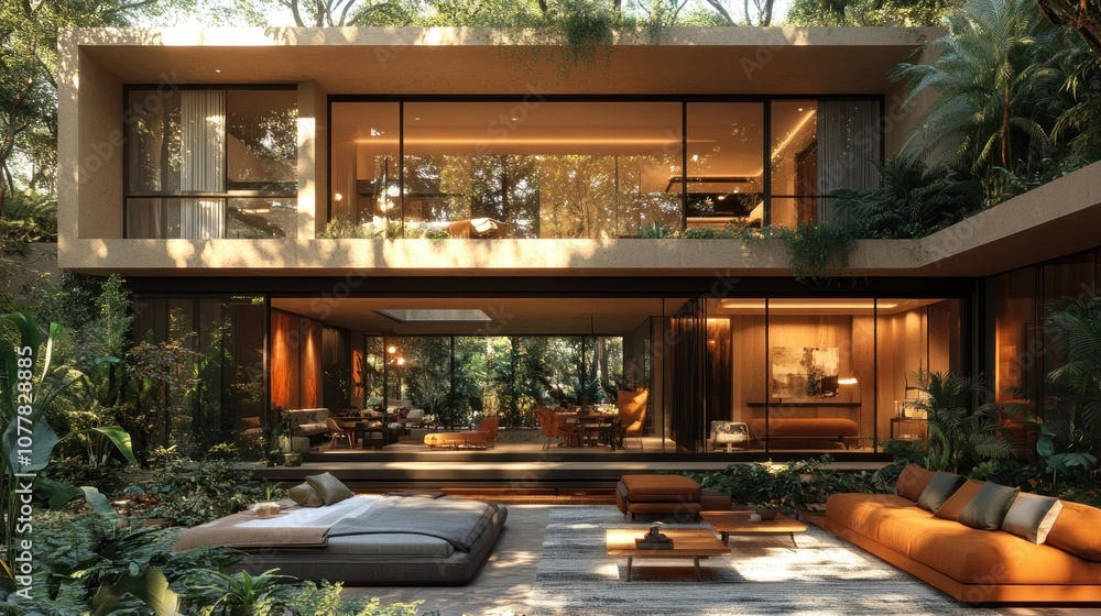 Modern home surrounded by lush greenery, blending nature and design. Modern home surrounded by lush greenery, blending nature and design.