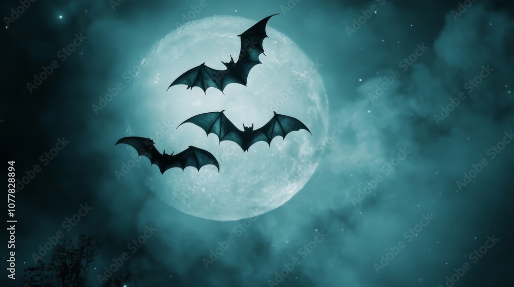 Bats Flying Past a Full Moon in a Night Sky Bats Flying Past a Full Moon in a Night Sky