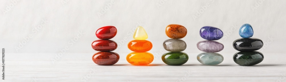 Stacked colorful stones arranged in rows, symbolizing balance, harmony, and tranquility against a light background Stacked colorful stones arranged in rows, symbolizing balance, harmony, and tranquility against a light background