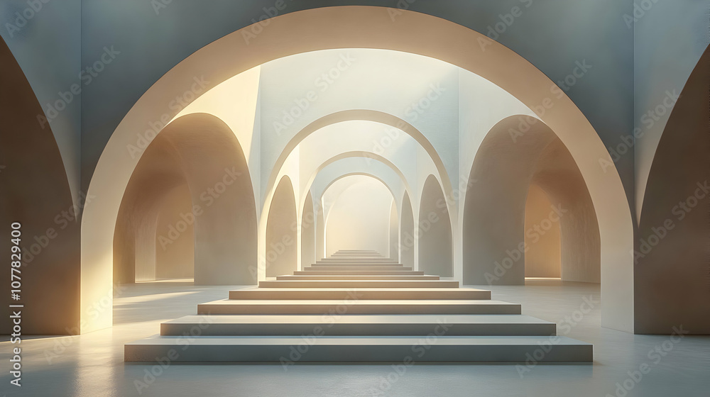 3D Illustration of a Minimalist White Hallway with Arches and Stairs 3D Illustration of a Minimalist White Hallway with Arches and Stairs