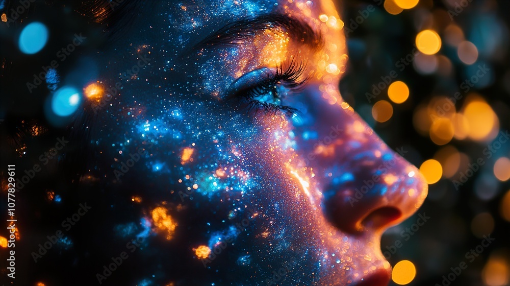 Close-up Portrait of a Woman with Glowing Skin and Glitter Makeup Close-up Portrait of a Woman with Glowing Skin and Glitter Makeup