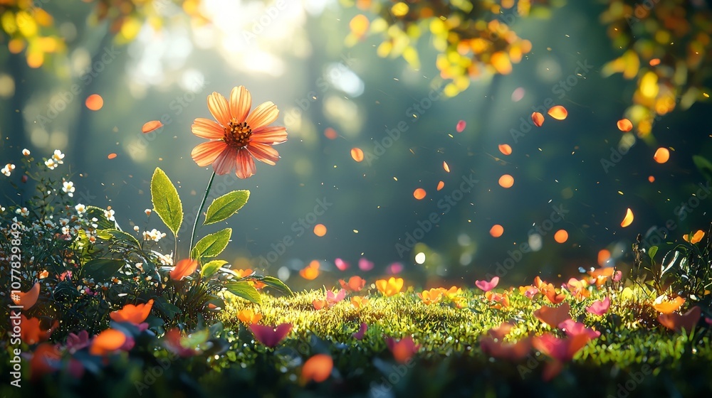 A vibrant flower stands amidst a sunlit, colorful garden, surrounded by petals and greenery. A vibrant flower stands amidst a sunlit, colorful garden, surrounded by petals and greenery.