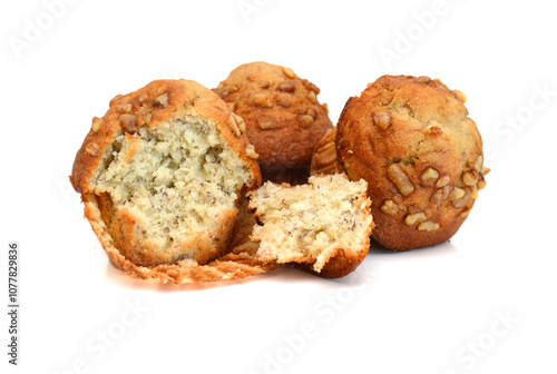 An espresso banana nut muffin isolated on pure white background