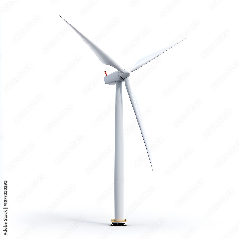 A white wind turbine with three blades against a white background. A white wind turbine with three blades against a white background.