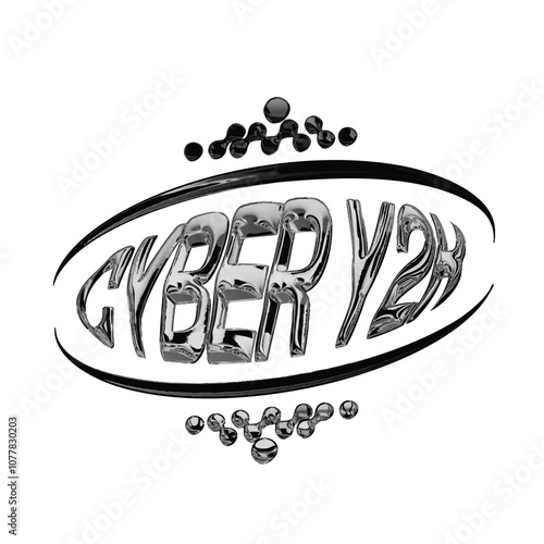 Abstract 3D Chrome Cyber 3D Typography in Circle with Circle Blob Sign Template